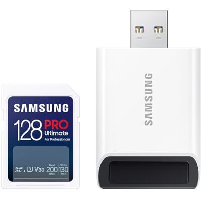 Samsung PRO Ultimate SD-Karte, 128 GB, UHS-I U3, Full HD & 4K UHD, 200 MB/s Lesen, 130 MB/s Schreiben, Speicherkarte für Kamera, PC, Drohne oder Action-Cam, Inkl. USB-Kartenleser, MB-SY128SB/WW Samsung PRO Ultimate SD-Karte, 128 GB, UHS-I U3, Full HD & 4K UHD, 200 MB/s Lesen, 130 MB/s Schreiben, Speicherkarte für Kamera, PC, Drohne oder Action-Cam, Inkl. USB-Kartenleser, MB-SY128SB/WW