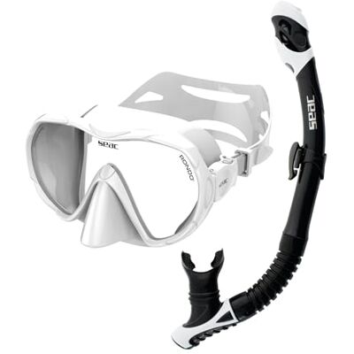 SEAC Set Bis Rondò Dry Schnorchelset für Erwachsene mit rahmenloser Einzellinsenmaske aus gehärtetem Glas und Dry Top Schnorchel mit Ausblasventil und ergonomischem Silikonmundstück SEAC Set Bis Rondò Dry Schnorchelset für Erwachsene mit rahmenloser Einzellinsenmaske aus gehärtetem Glas und Dry Top Schnorchel mit Ausblasventil und ergonomischem Silikonmundstück