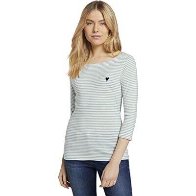 TOM TAILOR Damen 1024035 Longsleeve Mit Herz-Stickerei Auf Der Brust, 26035 White Green Small Stripe, XXL EU TOM TAILOR Damen 1024035 Longsleeve Mit Herz-Stickerei Auf Der Brust, 26035 White Green Small Stripe, XXL EU