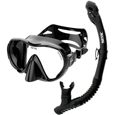 SEAC Set Bis Rondò Dry Schnorchelset für Erwachsene mit rahmenloser Einzellinsenmaske aus gehärtetem Glas und Dry Top Schnorchel mit Ausblasventil und ergonomischem Silikonmundstück SEAC Set Bis Rondò Dry Schnorchelset für Erwachsene mit rahmenloser Einzellinsenmaske aus gehärtetem Glas und Dry Top Schnorchel mit Ausblasventil und ergonomischem Silikonmundstück