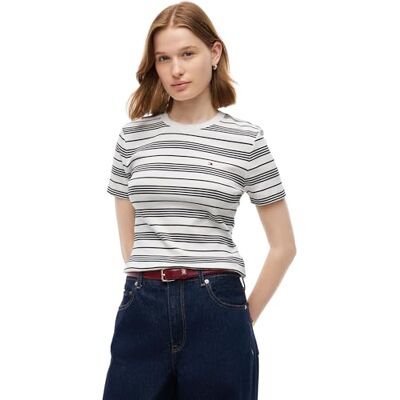 Tommy Hilfiger Damen Slim Cody C-nk Ss Ww0ww40587 S/S T-Shirt, Broken Stripe Ecru/Black, M Tommy Hilfiger Damen Slim Cody C-nk Ss Ww0ww40587 S/S T-Shirt, Broken Stripe Ecru/Black, M