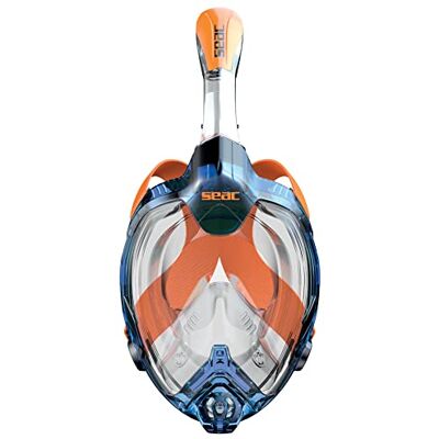 SEAC Magica, Schnorchelmaske Vollgesichtsmaske Anti-Beschlag System mit einem weichen Maskenkörper, Dry Top Schnorchel mit Auslassventil, blau/orange, XS/S SEAC Magica, Schnorchelmaske Vollgesichtsmaske Anti-Beschlag System mit einem weichen Maskenkörper, Dry Top Schnorchel mit Auslassventil, blau/orange, XS/S