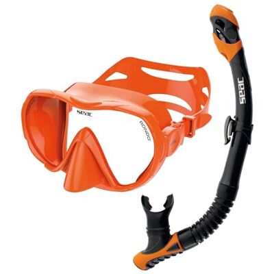 SEAC Set Bis Rondò Dry Schnorchelset für Erwachsene mit rahmenloser Einzellinsenmaske aus gehärtetem Glas und Dry Top Schnorchel mit Ausblasventil und ergonomischem Silikonmundstück SEAC Set Bis Rondò Dry Schnorchelset für Erwachsene mit rahmenloser Einzellinsenmaske aus gehärtetem Glas und Dry Top Schnorchel mit Ausblasventil und ergonomischem Silikonmundstück