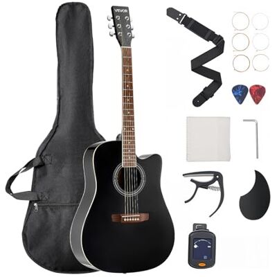 VEVOR Elektro Akustische Gitarre Cutaway, 1041,4 mm, Anfängerpaket mit Gigbag, Stimmgerät, Gurt, Saiten, Plektren, Kapodaster, Palisandergriffbrett, Fingerstyle-Solo-Jazz für Erwachsene, Schwarz VEVOR Elektro Akustische Gitarre Cutaway, 1041,4 mm, Anfängerpaket mit Gigbag, Stimmgerät, Gurt, Saiten, Plektren, Kapodaster, Palisandergriffbrett, Fingerstyle-Solo-Jazz für Erwachsene, Schwarz