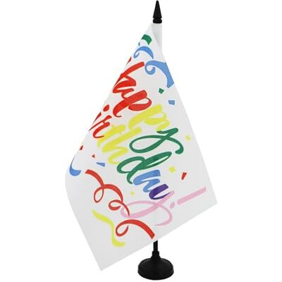 AZ FLAG Tischflagge "Happy Birthday", mehrfarbig, 21 x 14 cm – kleine Flagge Happy Birthday für den Schreibtisch, 100% Polyester, mit Fahnenstange von 25 cm und Sockel aus schwarzem Kunststoff AZ FLAG Tischflagge "Happy Birthday", mehrfarbig, 21 x 14 cm – kleine Flagge Happy Birthday für den Schreibtisch, 100% Polyester, mit Fahnenstange von 25 cm und Sockel aus schwarzem Kunststoff