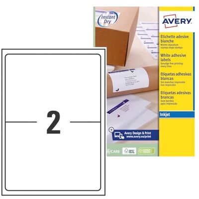 Avery Zweckform schnelltrocknende Adressetiketten für Tintenstrahldrucker 2 pro Blatt 199,6 x 143,5 mm 50 Etiketten weiß Avery Zweckform schnelltrocknende Adressetiketten für Tintenstrahldrucker 2 pro Blatt 199,6 x 143,5 mm 50 Etiketten weiß