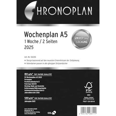 Avery Chronoplan 50235 Kalendereinlage 2025 (Wochenplan A5 (148x210mm) Ersatzkalendarium für Terminplaner, ideal für detaillierte Wochenplanung, 1 Woche auf 2 Seiten in Spalten, mit Universallochung) weiß Avery Chronoplan 50235 Kalendereinlage 2025 (Wochenplan A5 (148x210mm) Ersatzkalendarium für Terminplaner, ideal für detaillierte Wochenplanung, 1 Woche auf 2 Seiten in Spalten, mit Universallochung) weiß