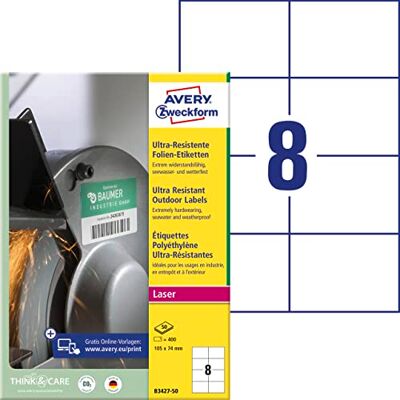 Avery B3427-50 Strapazierfähige Folienetiketten (400 Aufkleber, 105x74mm auf A4, extrem stark selbstklebend, für schwierige Oberflächen, bedruckbare Outdoor Klebefolie) 50 Blatt, weiß Avery B3427-50 Strapazierfähige Folienetiketten (400 Aufkleber, 105x74mm auf A4, extrem stark selbstklebend, für schwierige Oberflächen, bedruckbare Outdoor Klebefolie) 50 Blatt, weiß