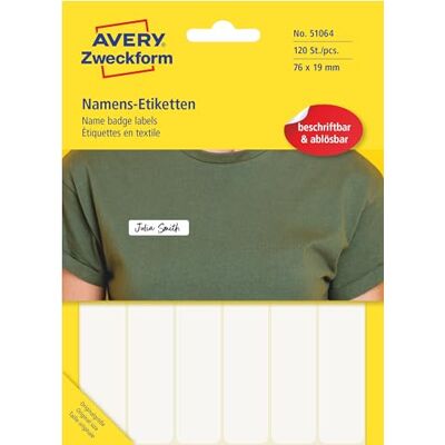 Avery Art. 51064 Namensetiketten für Kleidung (120 Namensaufkleber, 76x19mm, selbstklebend, Textiletiketten aus Acetatseide, Namensschild handbeschriftbar, einfach ablösbar) 10 Blatt, weiß Avery Art. 51064 Namensetiketten für Kleidung (120 Namensaufkleber, 76x19mm, selbstklebend, Textiletiketten aus Acetatseide, Namensschild handbeschriftbar, einfach ablösbar) 10 Blatt, weiß