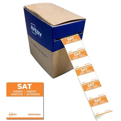Avery ablösbare Lebensmittel-Tagesetiketten Samstag (orange 25 x 25 mm 1000 Aufkleber auf Rolle 5-sprachig HACCP-konform) DLSSATREV-1000 Avery ablösbare Lebensmittel-Tagesetiketten Samstag (orange 25 x 25 mm 1000 Aufkleber auf Rolle 5-sprachig HACCP-konform) DLSSATREV-1000