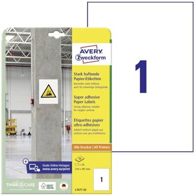 Avery L7877-20 Stark haftende Etiketten (20 Aufkleber, 210x297mm auf A4, extrem stark selbstklebend, auch für schwierige Oberflächen, bedruckbare Power Klebeetiketten) 20 Blatt, weiß Avery L7877-20 Stark haftende Etiketten (20 Aufkleber, 210x297mm auf A4, extrem stark selbstklebend, auch für schwierige Oberflächen, bedruckbare Power Klebeetiketten) 20 Blatt, weiß