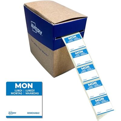 Avery ablösbare Lebensmittel-Tagesetiketten Montag (blau 25 x 25 mm 1000 Aufkleber auf Rolle 5-sprachig HACCP-konform) DLSMONREV-1000 Avery ablösbare Lebensmittel-Tagesetiketten Montag (blau 25 x 25 mm 1000 Aufkleber auf Rolle 5-sprachig HACCP-konform) DLSMONREV-1000