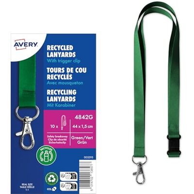 Avery 4842G Lanyard 10 Stück (44x1,5cm, Kartenhalter mit Karabinerhaken-Sicherheitsverschluss, Schlüsselband für Ausweishülle, Kartenhülle, Namenschilder, Umhängeband, Nackenband) grün Avery 4842G Lanyard 10 Stück (44x1,5cm, Kartenhalter mit Karabinerhaken-Sicherheitsverschluss, Schlüsselband für Ausweishülle, Kartenhülle, Namenschilder, Umhängeband, Nackenband) grün