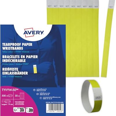 Avery TYVYW-50 Einlassbänder Tyvek 500 Stück (256x19mm, fortlaufend nummeriert, reiß- und wasserfest, sicherer Klebeverschluss, Eintrittsbänder, Event Armbänder, Securebänder) neongelb Avery TYVYW-50 Einlassbänder Tyvek 500 Stück (256x19mm, fortlaufend nummeriert, reiß- und wasserfest, sicherer Klebeverschluss, Eintrittsbänder, Event Armbänder, Securebänder) neongelb