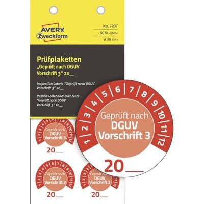 Avery 80 Stück Prüfplaketten Geprüft nach DGUV Vorschrift 3 20xx (mit Jahreszahl zum selber eintragen, widerstandsfähig, selbstklebend, Ø 30 mm, Prüfaufkleber, Prüfsiegel aus Vinyl) 7907 rot Avery 80 Stück Prüfplaketten Geprüft nach DGUV Vorschrift 3 20xx (mit Jahreszahl zum selber eintragen, widerstandsfähig, selbstklebend, Ø 30 mm, Prüfaufkleber, Prüfsiegel aus Vinyl) 7907 rot