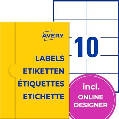 Avery Wetterfeste Folienetiketten (250 Aufkleber, 105x57mm auf A4, selbstklebend, wasserfest, wiederablösbar, strapazierfähig, bedruckbare Outdoor Klebefolie, Produktetikett) 25 Blatt, weiß Avery Wetterfeste Folienetiketten (250 Aufkleber, 105x57mm auf A4, selbstklebend, wasserfest, wiederablösbar, strapazierfähig, bedruckbare Outdoor Klebefolie, Produktetikett) 25 Blatt, weiß