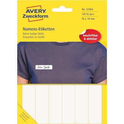 Avery Art. 51064 Namensetiketten für Kleidung (120 Namensaufkleber, 76x19mm, selbstklebend, Textiletiketten aus Folie, Namensschild handbeschriftbar, einfach ablösbar) 10 Blatt, weiß Avery Art. 51064 Namensetiketten für Kleidung (120 Namensaufkleber, 76x19mm, selbstklebend, Textiletiketten aus Folie, Namensschild handbeschriftbar, einfach ablösbar) 10 Blatt, weiß