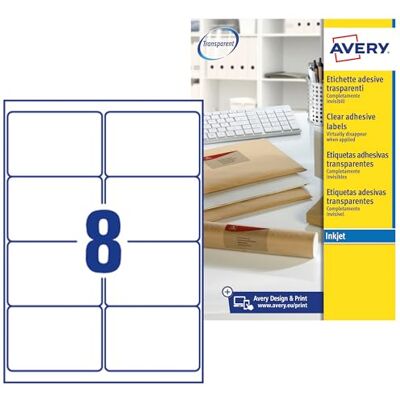 Avery Etichette trasparenti QuickPEEL™ Inkjet 99,1x67,7 mm 8 et/ff J8565-25 (conf.25) Avery Etichette trasparenti QuickPEEL™ Inkjet 99,1x67,7 mm 8 et/ff J8565-25 (conf.25)