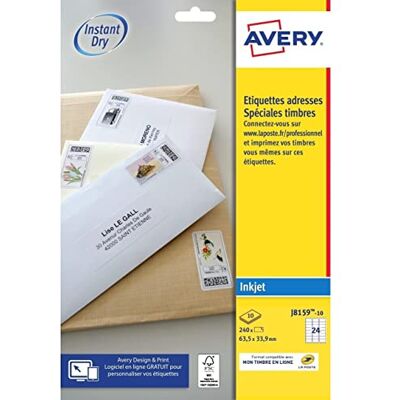 Avery – 240 Briefmarken-Etiketten zum Selberbedrucken, für Tintenstrahldrucker, 63,5 x 33,9 mm, Weiß Avery – 240 Briefmarken-Etiketten zum Selberbedrucken, für Tintenstrahldrucker, 63,5 x 33,9 mm, Weiß