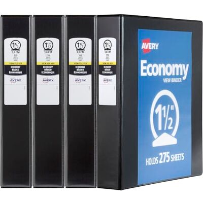 Avery Economy View 3-Ringbuch, 3,8 cm runde Ringe, 4 schwarze Ordner (19204) Avery Economy View 3-Ringbuch, 3,8 cm runde Ringe, 4 schwarze Ordner (19204)