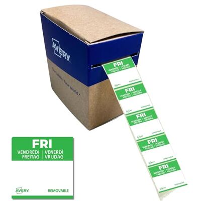 Avery ablösbare Lebensmittel-Tagesetiketten Freitag (grün 25 x 25 mm 1000 Aufkleber auf Rolle 5-sprachig HACCP-konform) DLSFRIREV-1000 Avery ablösbare Lebensmittel-Tagesetiketten Freitag (grün 25 x 25 mm 1000 Aufkleber auf Rolle 5-sprachig HACCP-konform) DLSFRIREV-1000