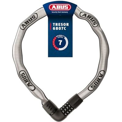 ABUS Kettenschloss Tresor 6807C Zahlenschloss mit 360°-Bolzen, 7 mm Starke Stahlkette, 4-stelliger Zahlencode Fahrradschloss mit Sicherheitslevel 7 Länge 110 cm, Reflective ABUS Kettenschloss Tresor 6807C Zahlenschloss mit 360°-Bolzen, 7 mm Starke Stahlkette, 4-stelliger Zahlencode Fahrradschloss mit Sicherheitslevel 7 Länge 110 cm, Reflective