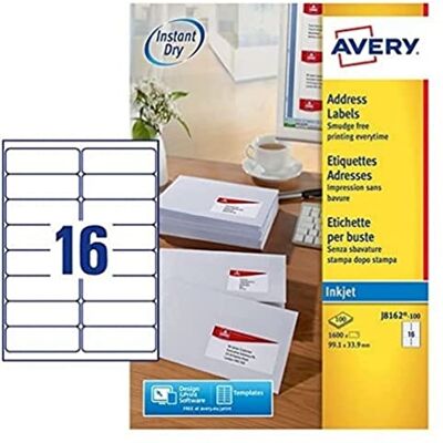Avery schnelltrocknende Adressetiketten für Tintenstrahldrucker 16 pro Blatt 99,1 x 33,9 mm 1600 Etiketten weiß Avery schnelltrocknende Adressetiketten für Tintenstrahldrucker 16 pro Blatt 99,1 x 33,9 mm 1600 Etiketten weiß