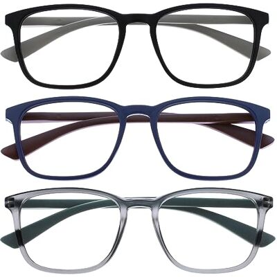 OPULIZE Max Lesebrille 3er Pack Klassische große rechteckige Fassung Brillen in mattem Schwarz, Blau und Grau Herren Damen Unisex RRR78-137 +1,00 OPULIZE Max Lesebrille 3er Pack Klassische große rechteckige Fassung Brillen in mattem Schwarz, Blau und Grau Herren Damen Unisex RRR78-137 +1,00