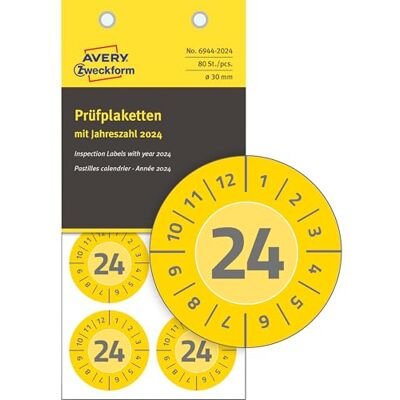 Avery 80 Prüfplaketten mit Jahreszahl 2024 (widerstandsfähig, stark selbstklebend, Ø 30 mm, Prüfaufkleber, beschriftbare Prüfsiegel aus Vinyl-Klebefolie) Art. 6944-2024, gelb Avery 80 Prüfplaketten mit Jahreszahl 2024 (widerstandsfähig, stark selbstklebend, Ø 30 mm, Prüfaufkleber, beschriftbare Prüfsiegel aus Vinyl-Klebefolie) Art. 6944-2024, gelb