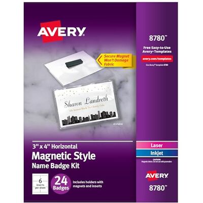 Avery Personalisierbare Namensschilder mit Magneten, 7,6 x 10,2 cm, klare Namensschild-Halter mit weißen bedruckbaren Einsätzen, 24 magnetische Namensschilder (8780) Avery Personalisierbare Namensschilder mit Magneten, 7,6 x 10,2 cm, klare Namensschild-Halter mit weißen bedruckbaren Einsätzen, 24 magnetische Namensschilder (8780)