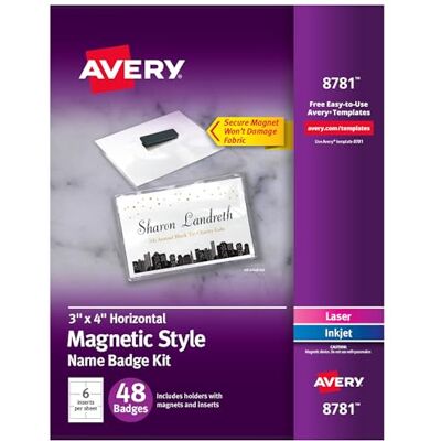 Avery Personalisierbare Namensschilder, Magnet-Stil, 7,6 x 10,2 cm, klare Namensschild-Halter, weiße Laser-/Tintenstrahl-bedruckbare Einsätze, insgesamt 48 (8781) Avery Personalisierbare Namensschilder, Magnet-Stil, 7,6 x 10,2 cm, klare Namensschild-Halter, weiße Laser-/Tintenstrahl-bedruckbare Einsätze, insgesamt 48 (8781)