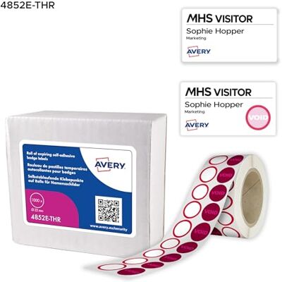 Avery 4852E-THR Selbstablaufende runde Klebepunkte (1 Rolle temporäre Markierungspunkten, Ø 22 mm, selbstklebend, ablösbar, ideal für Besucherausweisen & Namensschildern) weiß/rot Avery 4852E-THR Selbstablaufende runde Klebepunkte (1 Rolle temporäre Markierungspunkten, Ø 22 mm, selbstklebend, ablösbar, ideal für Besucherausweisen & Namensschildern) weiß/rot