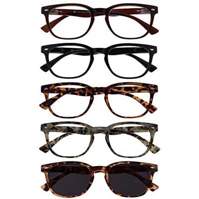 OPULIZE ORA Lesebrille für Damen und Herren mit Lesesonnenbrille, Blendfreie UV400-Schutz Federscharnier Anti-Müdigkeit, Runder Rahmen, 5er-Pack Schwarz, Dunkel braun, Braun & Grau Braun +2,50 OPULIZE ORA Lesebrille für Damen und Herren mit Lesesonnenbrille, Blendfreie UV400-Schutz Federscharnier Anti-Müdigkeit, Runder Rahmen, 5er-Pack Schwarz, Dunkel braun, Braun & Grau Braun +2,50