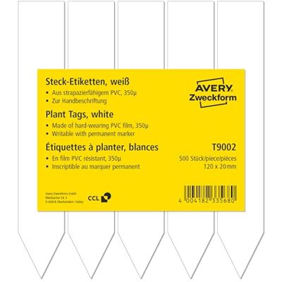 Avery T9002 wetterfeste Steckschilder 500 Stück (120x20mm, beidseitig beschriftbare Pflanzenschilder, reißfest, strapazierfähig, Gartenschilder, Pflanzenbeschilderung), Folie, weiß Avery T9002 wetterfeste Steckschilder 500 Stück (120x20mm, beidseitig beschriftbare Pflanzenschilder, reißfest, strapazierfähig, Gartenschilder, Pflanzenbeschilderung), Folie, weiß