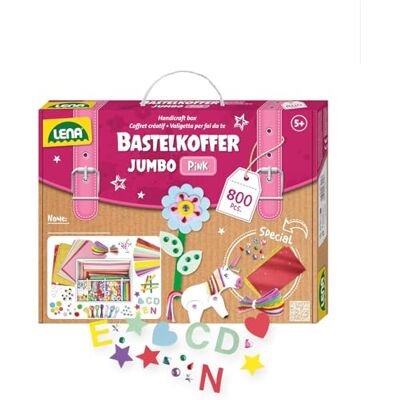 LENA Jumbo Bastelkoffer mit 800 Teilen, Bastelset bestehend aus Papier, Moosgummi, Pfeifenreiniger, Strasssteine, Wackelaugen, Pompons und Knöpfe, Pastellfarben mit Pink-Tönen, ab 5 Jahren LENA Jumbo Bastelkoffer mit 800 Teilen, Bastelset bestehend aus Papier, Moosgummi, Pfeifenreiniger, Strasssteine, Wackelaugen, Pompons und Knöpfe, Pastellfarben mit Pink-Tönen, ab 5 Jahren