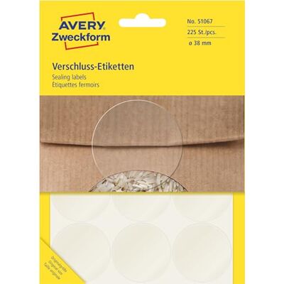 Avery Art. 51067 Verschlussetiketten transparent rund (225 Siegel Etiketten, Ø38mm, selbstklebende Punktaufkleber aus Folie, für Produkt- und Versandverpackungen, handbeschriftbar) 25 Blatt Avery Art. 51067 Verschlussetiketten transparent rund (225 Siegel Etiketten, Ø38mm, selbstklebende Punktaufkleber aus Folie, für Produkt- und Versandverpackungen, handbeschriftbar) 25 Blatt