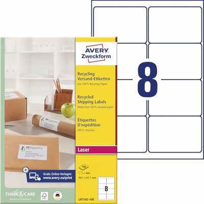 Avery LR7165-100 Recycling Etiketten (800 Versandetiketten, 99,1x67,7mm auf A4, 100% recyceltes Altpapier, bedruckbar, selbstklebend, für DIN B4/C4 Umschläge) 100 Blatt, naturweiß Avery LR7165-100 Recycling Etiketten (800 Versandetiketten, 99,1x67,7mm auf A4, 100% recyceltes Altpapier, bedruckbar, selbstklebend, für DIN B4/C4 Umschläge) 100 Blatt, naturweiß
