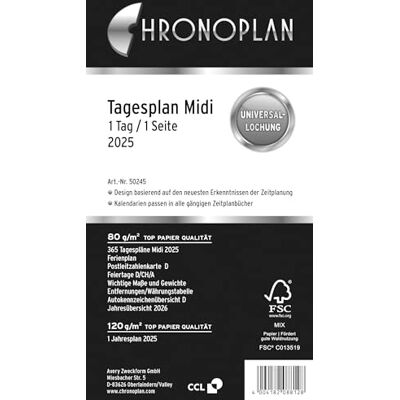 Avery Chronoplan 50245 Kalendereinlage 2025 (Tagesplan Midi (96x172mm), Ersatzkalendarium für Terminplaner, Tagesplaner, ideal für detaillierte Tagesplanung, 1 Tag auf 1 Seite, mit Universallochung) weiß Avery Chronoplan 50245 Kalendereinlage 2025 (Tagesplan Midi (96x172mm), Ersatzkalendarium für Terminplaner, Tagesplaner, ideal für detaillierte Tagesplanung, 1 Tag auf 1 Seite, mit Universallochung) weiß