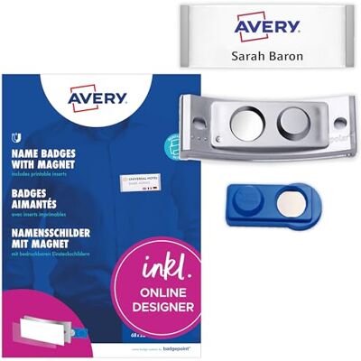 Avery polar20 Namensschilder 5 Stück (68x22mm, 5 Schilder mit Magnet, verdrehsicher, mit blanko Einsteckschildern zum Bedrucken, magnetische Namensschilder für Kleidung) edelstahl matt Avery polar20 Namensschilder 5 Stück (68x22mm, 5 Schilder mit Magnet, verdrehsicher, mit blanko Einsteckschildern zum Bedrucken, magnetische Namensschilder für Kleidung) edelstahl matt