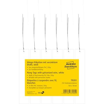 Avery T9201 stabile Anhänger 250 Stück mit Draht (100x18mm, beidseitig beschriftbare Produktanhänger, reißfeste, strapazierfähige Pflanzenanhänger, Preis- & Geschenkanhänger), Folie, weiß Avery T9201 stabile Anhänger 250 Stück mit Draht (100x18mm, beidseitig beschriftbare Produktanhänger, reißfeste, strapazierfähige Pflanzenanhänger, Preis- & Geschenkanhänger), Folie, weiß