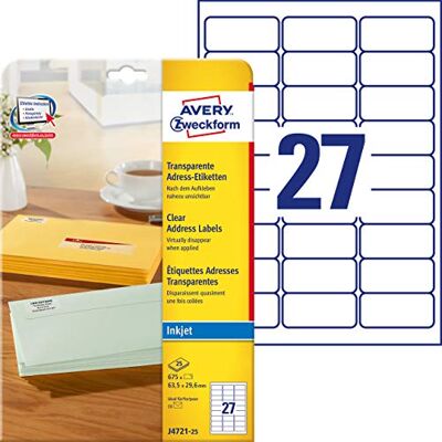 Avery J4721-25 Adressetiketten/Adressaufkleber (675 Etiketten, 63,5x29,6mm auf A4, bedruckbar, selbstklebend, für DIN C6 Briefkuverts, Polyesterfolie, Inkjet-Drucker) 25 Blatt, transparent Avery J4721-25 Adressetiketten/Adressaufkleber (675 Etiketten, 63,5x29,6mm auf A4, bedruckbar, selbstklebend, für DIN C6 Briefkuverts, Polyesterfolie, Inkjet-Drucker) 25 Blatt, transparent