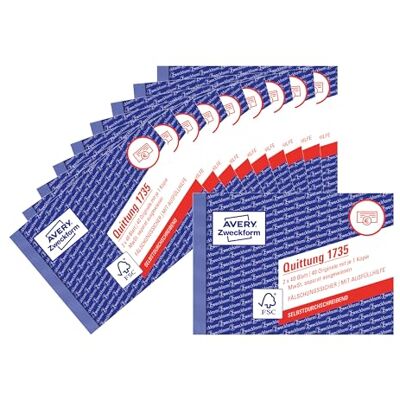 Avery 1735-10 Quittungsblock (A6 quer, 2x40 Blatt, mit Durchschlag, fälschungssicher, separat ausgewiesene MwSt., für Deutschland und Österreich) 10er-Pack, weiß/gelb Avery 1735-10 Quittungsblock (A6 quer, 2x40 Blatt, mit Durchschlag, fälschungssicher, separat ausgewiesene MwSt., für Deutschland und Österreich) 10er-Pack, weiß/gelb