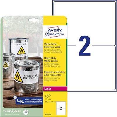 Avery L7068-20 Wetterfeste Folienetiketten (40 Klebeetiketten, 199,6x143,5mm auf A4, extrem stark selbstklebend, wasserfest, strapazierfähig, bedruckbare Outdoor Klebefolie) 20 Blatt, weiß Avery L7068-20 Wetterfeste Folienetiketten (40 Klebeetiketten, 199,6x143,5mm auf A4, extrem stark selbstklebend, wasserfest, strapazierfähig, bedruckbare Outdoor Klebefolie) 20 Blatt, weiß