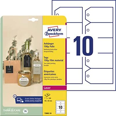 Avery T3002-10 stabile Anhänger 100 Stück inkl. Schnüre (90x50mm auf A4, beidseitig bedruckbare Produktanhänger, reißfeste, strapazierfähige Geschenkanhänger, Preisanhänger) Folie, weiß Avery T3002-10 stabile Anhänger 100 Stück inkl. Schnüre (90x50mm auf A4, beidseitig bedruckbare Produktanhänger, reißfeste, strapazierfähige Geschenkanhänger, Preisanhänger) Folie, weiß