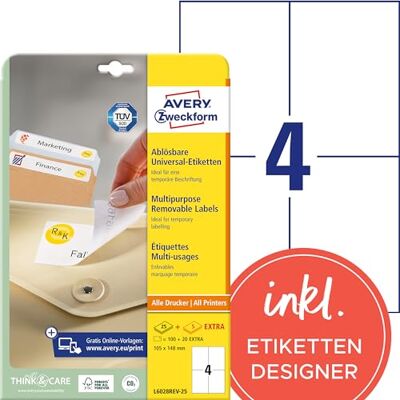 Avery L6028REV-25 Universal-Etiketten (100 plus 20 Klebeetiketten extra, 105x148mm auf A4, wieder rückstandsfrei ablösbar/abziehbar, bedruckbar, selbstklebende Aufkleber) 30 Blatt, weiß Avery L6028REV-25 Universal-Etiketten (100 plus 20 Klebeetiketten extra, 105x148mm auf A4, wieder rückstandsfrei ablösbar/abziehbar, bedruckbar, selbstklebende Aufkleber) 30 Blatt, weiß