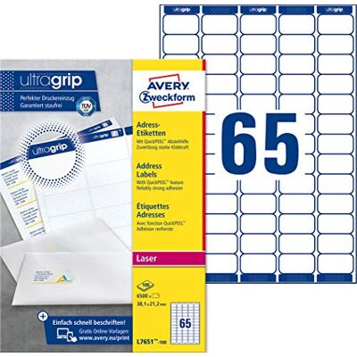 Avery L7651-100 Adressetiketten/Adressaufkleber (6.500 Etiketten mit ultragrip, 38,1x21,2mm auf A4, bedruckbar, selbstklebend, für Absenderetiketten, Papier matt) 100 Blatt, weiß Avery L7651-100 Adressetiketten/Adressaufkleber (6.500 Etiketten mit ultragrip, 38,1x21,2mm auf A4, bedruckbar, selbstklebend, für Absenderetiketten, Papier matt) 100 Blatt, weiß