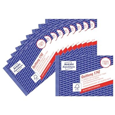 Avery 1742-10 Quittungsblock Kleinunternehmer (A6 quer, 2x40 Blatt mit Durchschlag, fälschungssicher, ohne MwSt. für DE/AT, nach Kleinunternehmerregelung) 10er-Pack, weiß/gelb Avery 1742-10 Quittungsblock Kleinunternehmer (A6 quer, 2x40 Blatt mit Durchschlag, fälschungssicher, ohne MwSt. für DE/AT, nach Kleinunternehmerregelung) 10er-Pack, weiß/gelb
