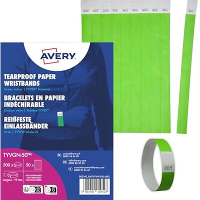 Avery TYVGN-50 Einlassbänder Tyvek 500 Stück (256x19mm, fortlaufend nummeriert, reiß- und wasserfest, sicherer Klebeverschluss, Eintrittsbänder, Event Armbänder, Securebänder) neongrün Avery TYVGN-50 Einlassbänder Tyvek 500 Stück (256x19mm, fortlaufend nummeriert, reiß- und wasserfest, sicherer Klebeverschluss, Eintrittsbänder, Event Armbänder, Securebänder) neongrün