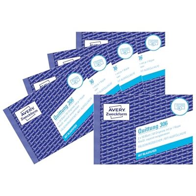 Avery 306-5 Quittungsblock (A6 quer, 2x50 Blatt, mit Durchschlag, fälschungssicher, separat ausgewiesene MwSt., für Deutschland und Österreich) 5er Pack weiß Avery 306-5 Quittungsblock (A6 quer, 2x50 Blatt, mit Durchschlag, fälschungssicher, separat ausgewiesene MwSt., für Deutschland und Österreich) 5er Pack weiß