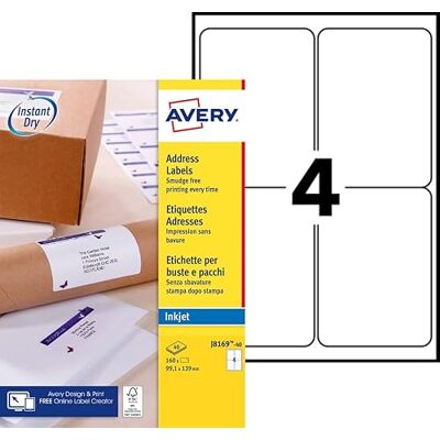 Avery Selbstklebende Versandetiketten, Tintenstrahldrucker, 4 Etiketten pro A4-Blatt, 160 Etiketten, QuickDRY (J8169) Avery Selbstklebende Versandetiketten, Tintenstrahldrucker, 4 Etiketten pro A4-Blatt, 160 Etiketten, QuickDRY (J8169)